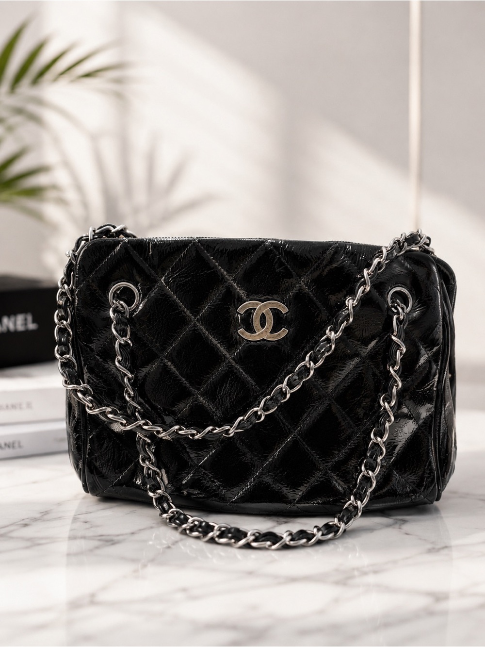 Chanel CC Black Glossy Patent Angle Tote Bag